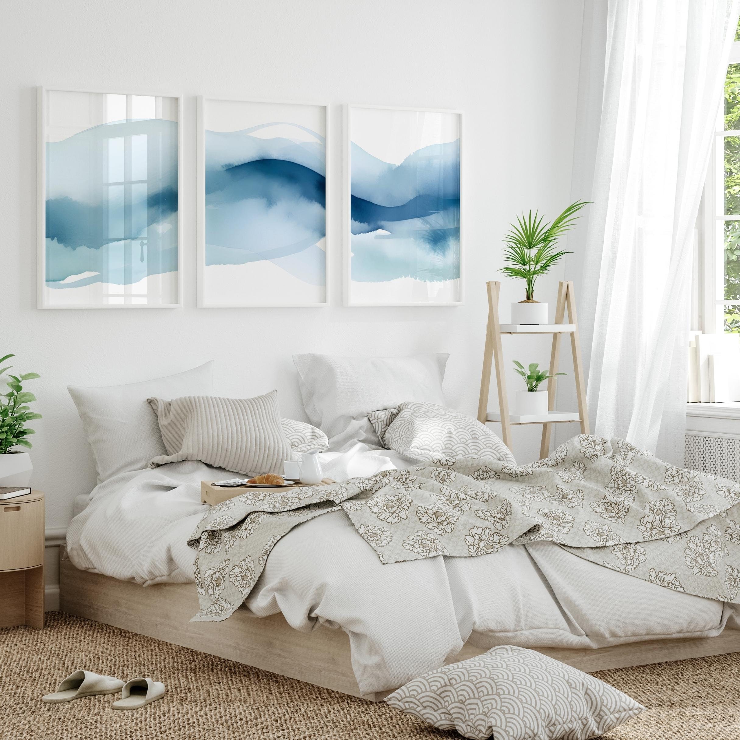 Watercolor Waves Abstract Print Set of 3 Ombre Blue Wall Art Blue Wave ...