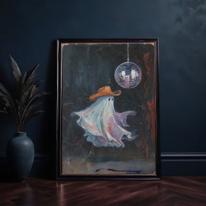 May include: A painting of a ghost wearing a cowboy hat and dancing in front of a disco ball. The ghost is white with pink and purple accents. The background is dark blue.