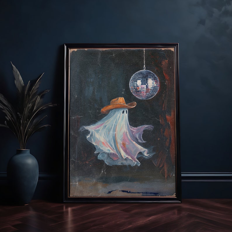 May include: A painting of a ghost wearing a cowboy hat and dancing in front of a disco ball. The ghost is white with pink and purple accents. The background is dark blue.
