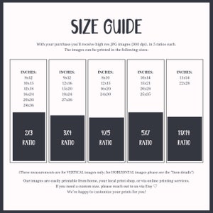 May include: A size guide chart with text in black and white, listing print sizes in inches for various ratios, including 2x3, 3x4, 4x5, 5x7, and 11x14. The guide provides measurements for vertical images.