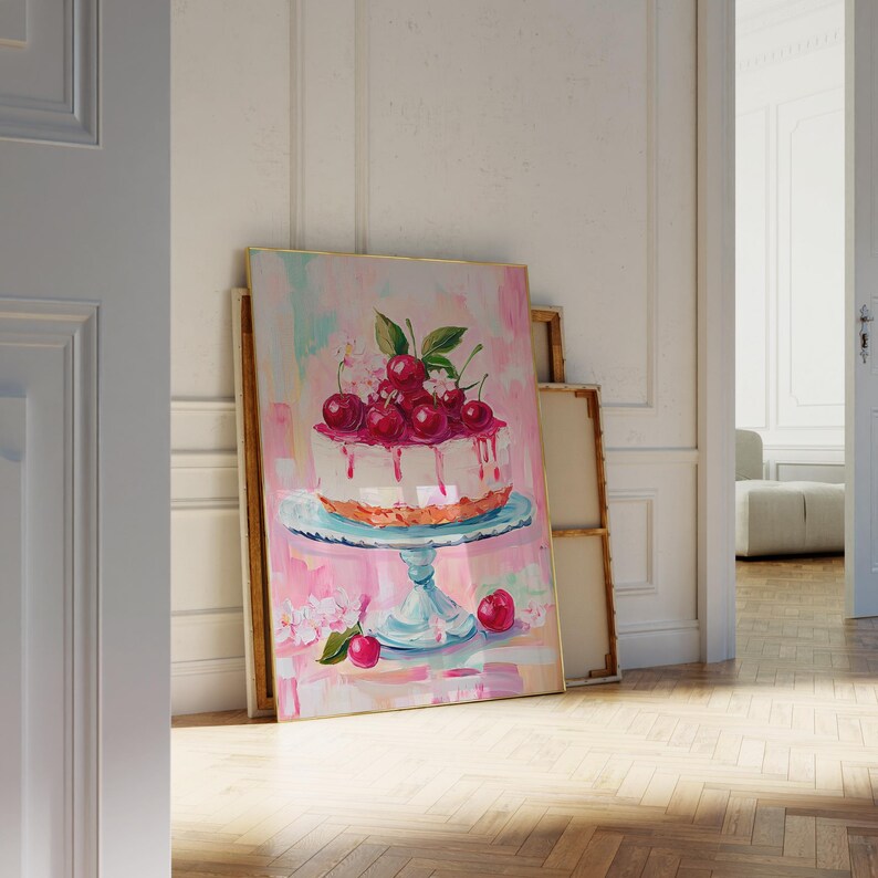 Cherry Cake Dessert Print Pink Kitchen Wall Art Sweet Pink Bakery ...