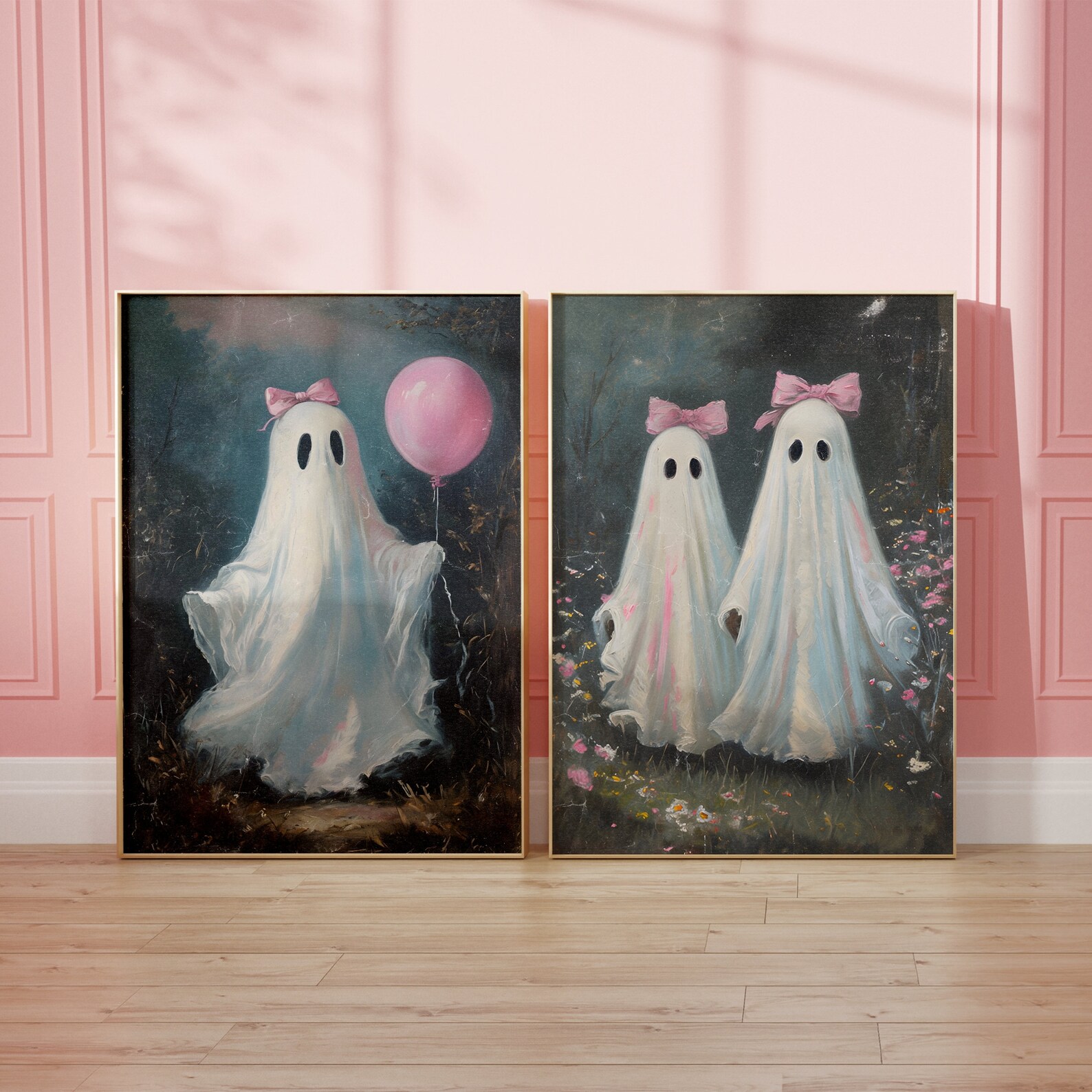Pink Halloween Decor Set of 6 Prints Coquette Ghost Wall Art Trendy Oil ...