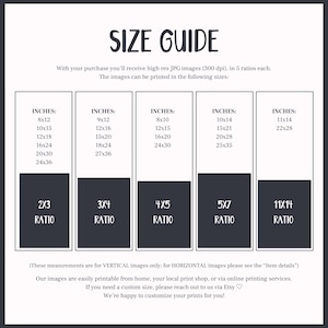 May include: A size guide chart with black and white text, detailing print sizes in inches for different ratios. Sizes include 8x12, 10x15, and 12x18 inches, alongside ratios like 2x3, 3x4, 4x5, 5x7, and 11x14. Measurements are in inches.