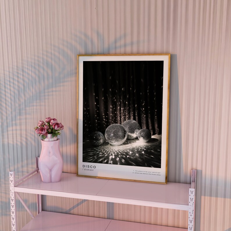 May include: A framed black and white photograph of a disco ball with the word "DISCO" printed below the image.
