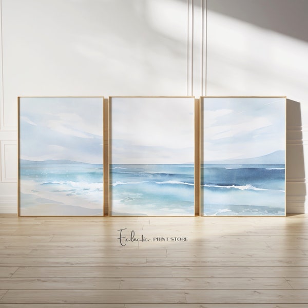 Coastal Print Set of 3 Watercolor Coastal Wall Art Ocean Print Set of 3 Watercolor Seascape Print Tryptic Wall Art Instant Digital Download