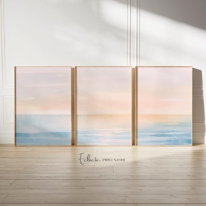 Coastal Wall Art Set of 3 Prints Sunset and Sea Print Watercolor Coastal Decor Tryptic Wall Art Softness Wall Art Instant Digital Download