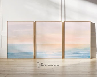 Coastal Wall Art Set of 3 Prints Sunset and Sea Print Watercolor Coastal Decor Tryptic Wall Art Softness Wall Art Instant Digital Download