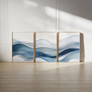 Watercolor Waves Abstract Print Set of 3 Softness Art Print Ombre Blue Wall Art Blue Wave Set of 3 Tryptic Wall Art Instant Digital Download