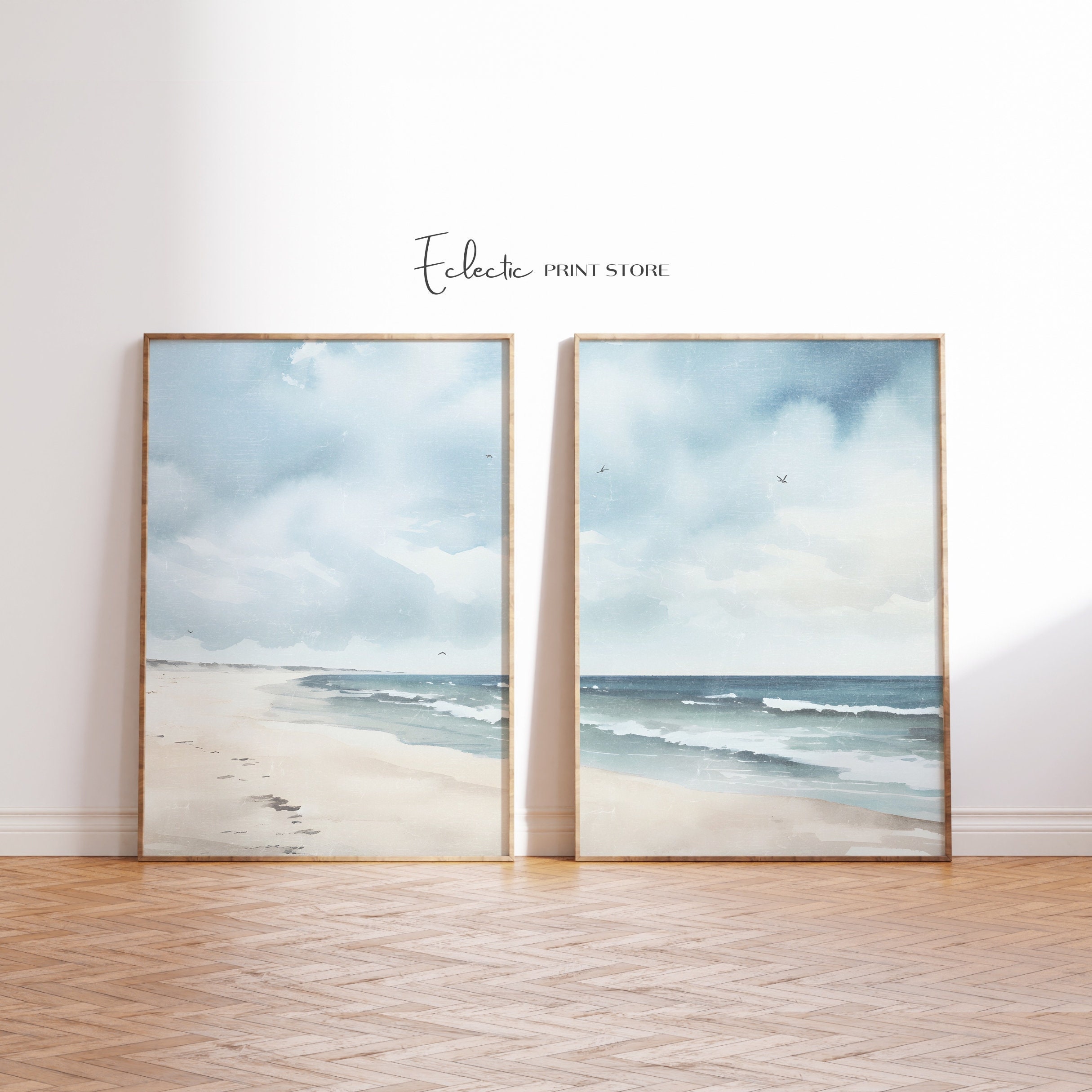 Stimmungsvoller Stranddruck 2er-Set Küsten Aquarell Wandkunst Pastell Stranddruck Moody Küstenkunst Sanfte Farbe Wandkunst Sofortiger digitaler Download