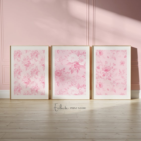 Love Shack Fancy Wall Art Pink Vintage Floral Print Set of 3 Pink Posters Chinoiserie Wall Decor Simple Aesthetic Art Print Digital Download