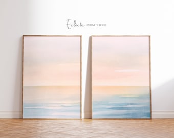 Seascape Print Set of 2 Coastal Aesthetic Sunset Wall Art Beach House Decor Moody Coastal Art Softness Art Print Instant Digital Download