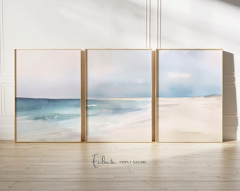 Moody Beach Art Print Set of 3 Watercolor Coastal Print Beach House Wall Art Shoreline Painting Tryptic Wall Art  Instant Digital Download