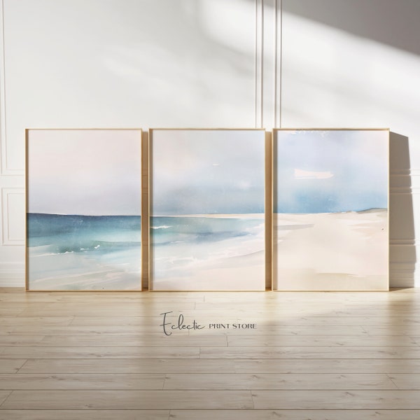 Moody Beach Art Print Set of 3 Watercolor Coastal Print Beach House Wall Art Shoreline Painting Tryptic Wall Art  Instant Digital Download