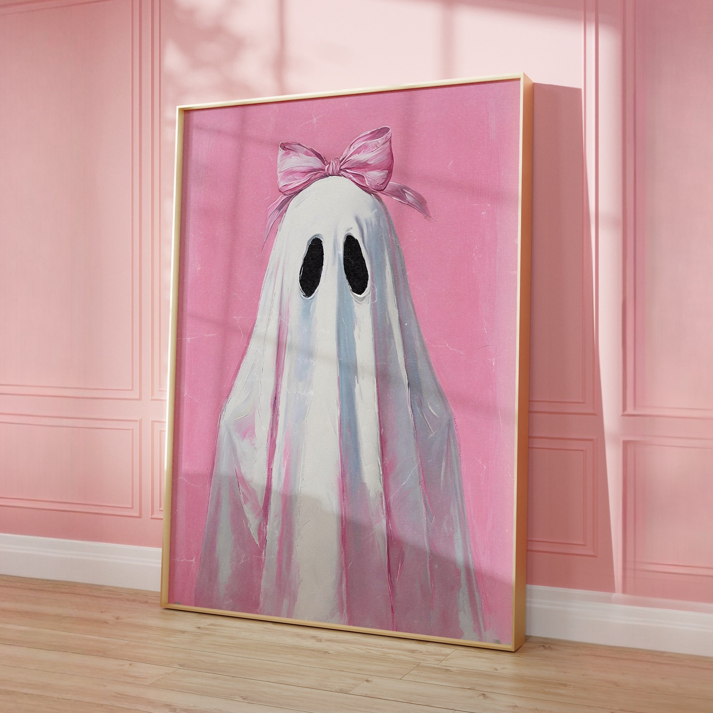 Pink Ghost Wall Art Cute Ghost With Pink Bow Print Pink Halloween Decor ...