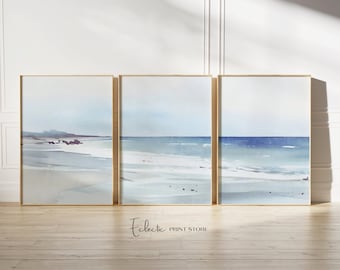 Moody Coastal Art Print Set of 3 Watercolor Coastal Print Tryptic Wall Art Shoreline Painting Beach House Wall Art Instant Digital Download