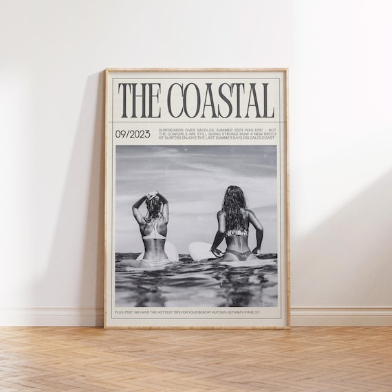 Preppy Surfer Girls Wall Art Coastal Surf Poster Retro Magazine Cover Coastal Cowgirl Art Beachy Newspaper Print Instant Digital Download