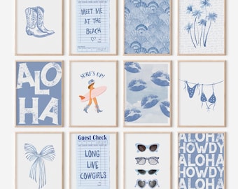 Coastal Wall Art Set Of 15 Prints Trendy Coquette Decor Coastal Cowgirl Posters Blue Beachy Wall Art Girly Western Dorm Decor Digital Prints