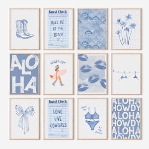 Coastal Cowgirl Wall Art Set of 15, Western Beach Aesthetic Prints, Blue Boho Cowgirl Posters, Coquette Coastal Wall Decor, Digital Download image 1