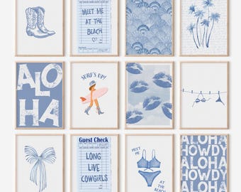 Coastal Cowgirl Wall Art Set of 15, Western Beach Aesthetic Prints, Blue Boho Cowgirl Posters, Coquette Coastal Wall Decor, Digital Download
