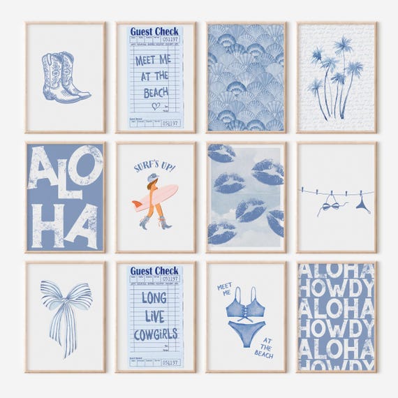 Coastal Cowgirl Wall Art Set of 15, Western Beach Aesthetic Prints, Blue Boho Cowgirl Posters, Coquette Coastal Wall Decor, Digital Download
