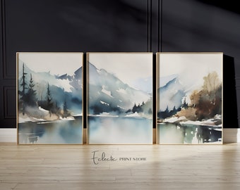 Mountain Lake Watercolor Print Set: Moody Landscape Triptych (Digital Download)