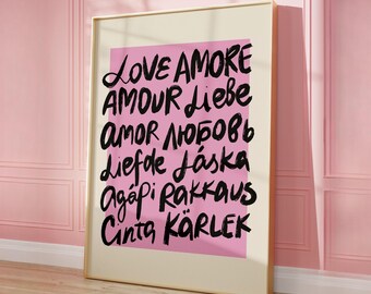 Kärlekstypografitryck Amor Amour Liebe Väggkonst Rosa Modern Citat Poster Internationell Kärlekstryck Studentrumsdekor Omedelbar Digital Nedladdning