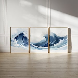 Aquarell Wellen Print 3er Set Ombre Blue Wave Set Weichheit Art Print Abstrakt Ocean Print Set Tryptic Wandkunst Sofortiger digitaler Download