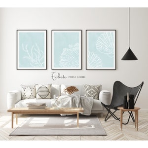 Nautical Wall Art Set of 3 Light Blue Prints Coastal Prints Shell Print ...