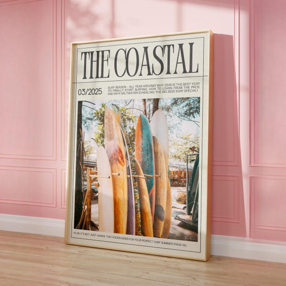 The Coastal Surf Print Vintage Magazine Poster Beach House Decor Surf School Wall Art Surfer Gift Coastal Dorm Room Decor Digital Download