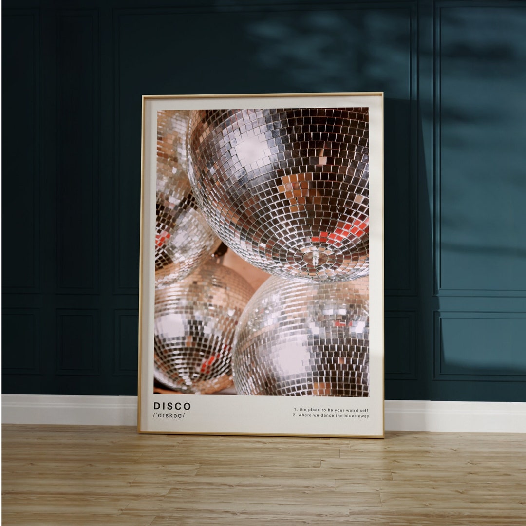 Sparkling Disco Ball Print Golden Mirror Ball Poster Vintage Disco