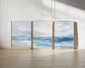 Watercolor Seascape Tryptic Wall Art Ombre Blue Wave Set of 3 Softness Art Print Gallery Wall Coastal Wall Art Instant Digital Download