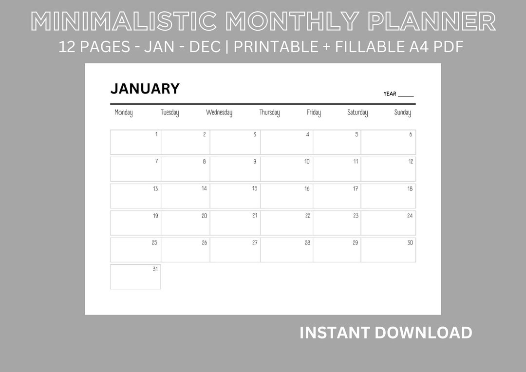 Monthly Planner, Printable Planner, Printable Monthly Planner, Minimalistic Planner, Minimalist ...