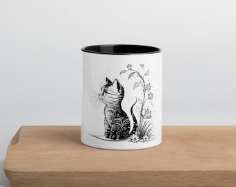 Black Cat Coffee Mug | Minimalist Line Art Cup for Black Cat Lovers | Cat Mom Gift, Modern Botanical 11oz Mug