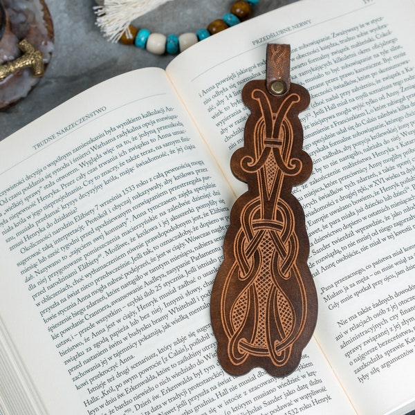 Leather bookmark with medieval engraving - vintage look leather bookmark - Viking bookmark