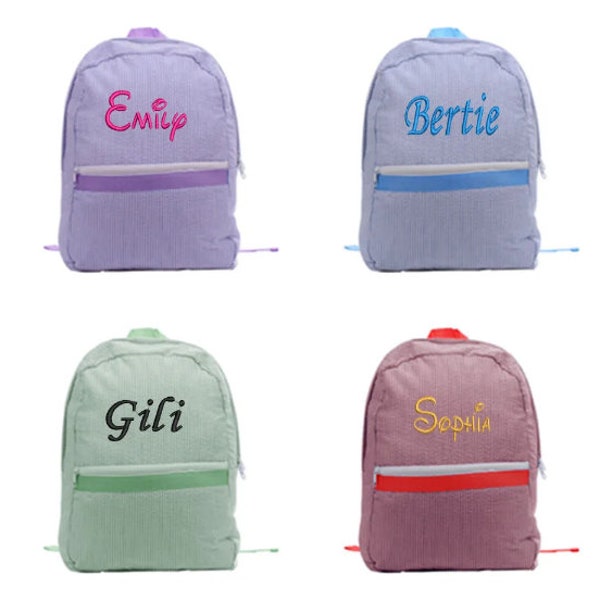 Personalized embroidered seersucker backpack, kids backpack personalized, custom name backpack, Seer sucker bag, custom name school bag