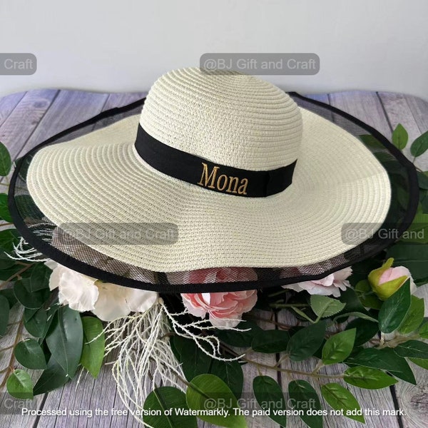 Custom embroidered floppy Hat, personalized beach hat, honeymoon beach hat, bridesmaids hats, custom sun hat, women wide brim straw hat