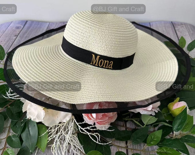 Custom embroidered floppy Hat, personalized beach hat, honeymoon beach hat, bridesmaids hats, custom sun hat, women wide brim straw hat