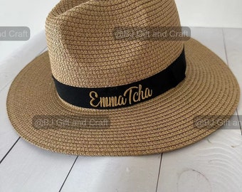 Chapeau de paille brodé personnalisé, chapeau de plage personnalisé, chapeau de paille personnalisé, chapeaux de demoiselles d'honneur, chapeau de soleil personnalisé, chapeau de paille à large bord pour femme