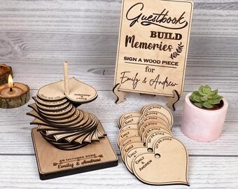 Personalised wedding guest book | wooden guest book | Wood heart shape leaf | Wedding sign | Name engraved wedding guest book | Wooden sign