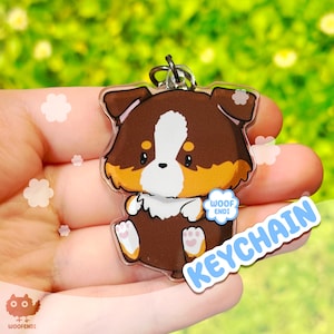 Red Tri Australian Shepherd Keychain – Cute Acrylic Dog Keyring Gift  – BY WOOFENDI