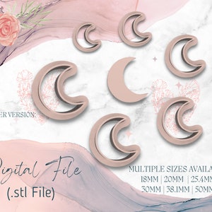 Könnte beinhalten: Digitale Datei für einen Satz von 6 Halbmond-Ausstechern in verschiedenen Größen von 18 mm bis 50 mm. Die Ausstecher sind in zwei Ausführungen erhältlich: dick und dünn. Das Bild zeigt die Ausstecher auf einem rosa und weißen Marmoruntergrund.