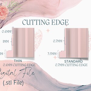 May include: Diagram showing two different cutting edge options for a digital file. The thin option is 0.4 mm and the standard option is 0.7 mm. Both options are 3.5 mm in height. The file is a .stl file.