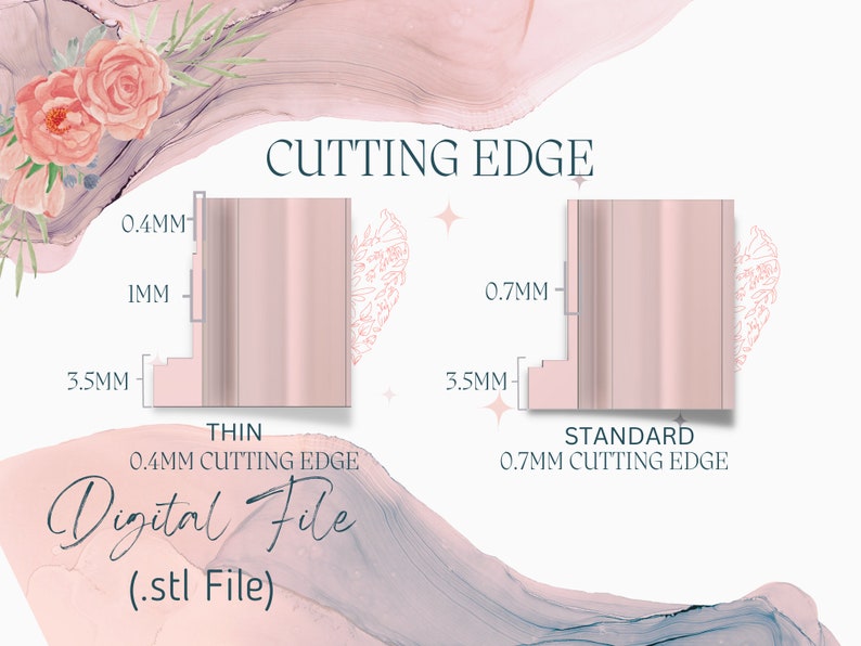 May include: Diagram showing two different cutting edge options for a digital file. The thin option is 0.4 mm and the standard option is 0.7 mm. Both options are 3.5 mm in height. The file is a .stl file.