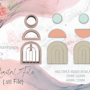 May include: Digital download of an .stl file for a 3D printed cookie cutter set. The set includes a variety of geometric shapes, including arches, half circles, and circles. The cutter set is available in two versions: thick and thin. The cutter set is available in multiple sizes: 55mm, 60mm, 65mm, and 70mm.