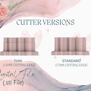 May include: Two 3D printed cookie cutters, one labeled "Thin 0.4mm Cutting Edge" and the other labeled "Standard 0.7mm Cutting Edge".