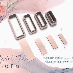 May include: A set of five digital files for 3D printing, featuring rectangular cookie cutters in four different sizes: 50mm, 38mm, 33mm, and 25mm. The files are in STL format.