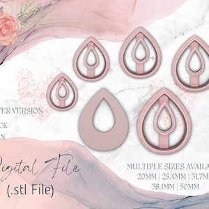 Könnte beinhalten: Fünf rosafarbene Plastik-Ausstecher in Tropfenform mit einem kleineren Tropfen im Inneren. Die Ausstecher sind in fünf Größen erhältlich: 20 mm, 25,4 mm, 31,7 mm, 38,1 mm und 50 mm. Der Text "2 CUTTER VERSION -THICK -THIN" und "Digital File (.stl File)" ist im Bild sichtbar.