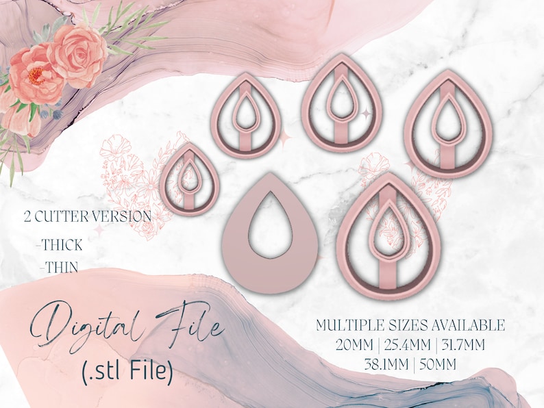 May include: Five pink plastic cookie cutters in the shape of a teardrop with a smaller teardrop inside. The cutters are available in five sizes: 20mm, 25.4mm, 31.7mm, 38.1mm, and 50mm. The text "2 CUTTER VERSION -THICK -THIN" and "Digital File (.stl File)" is visible in the image.