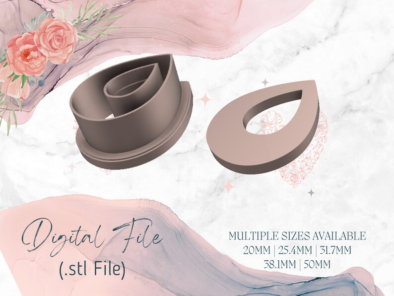 May include: A digital file for a 3D printed leaf-shaped cookie cutter. The cutter is available in multiple sizes: 20mm, 25.4mm, 31.7mm, 38.1mm, and 50mm.