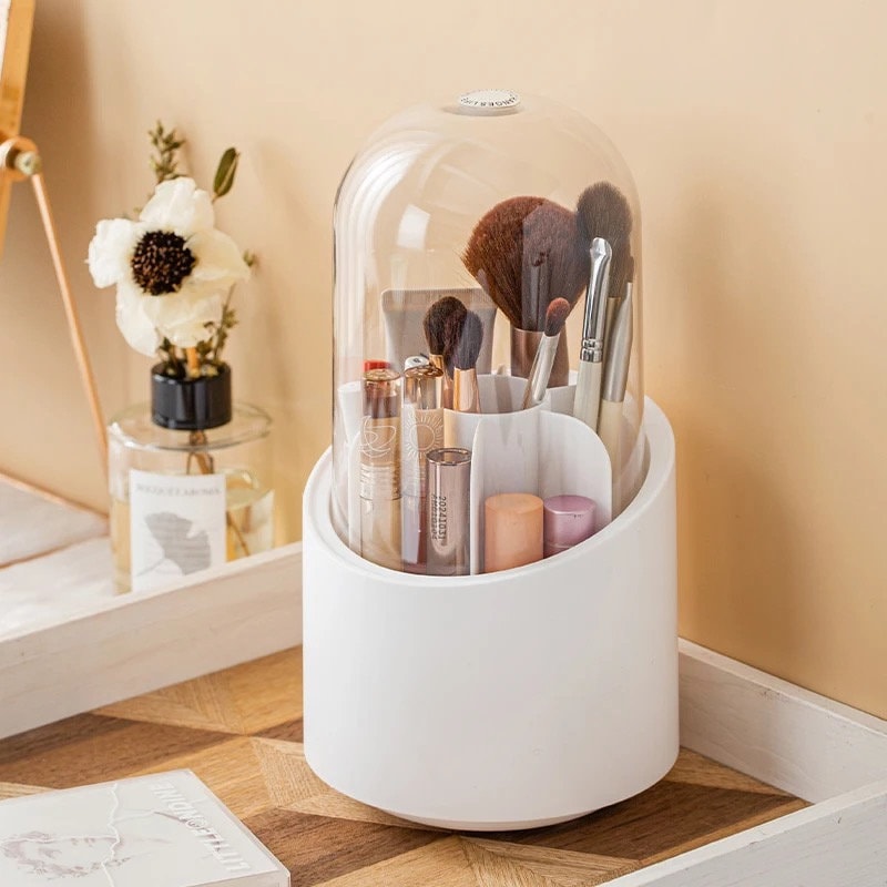 DELUXE Rotating Makeup Brush Holder Wood, Tiered Makeup Brush